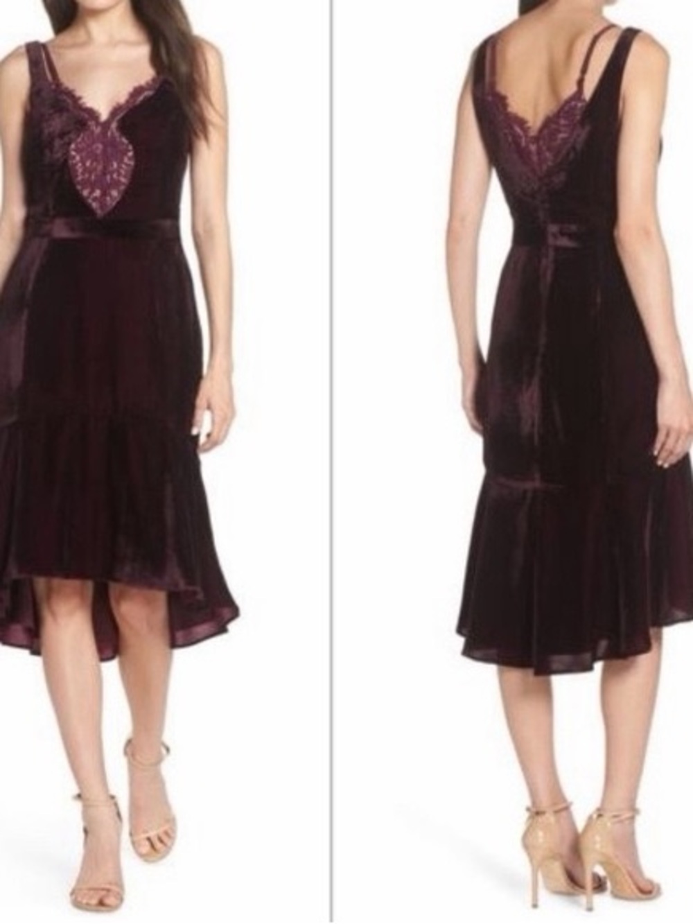 Harlyn Lace Inset Velvet Midi Dress in a deep burgundy/plum shade